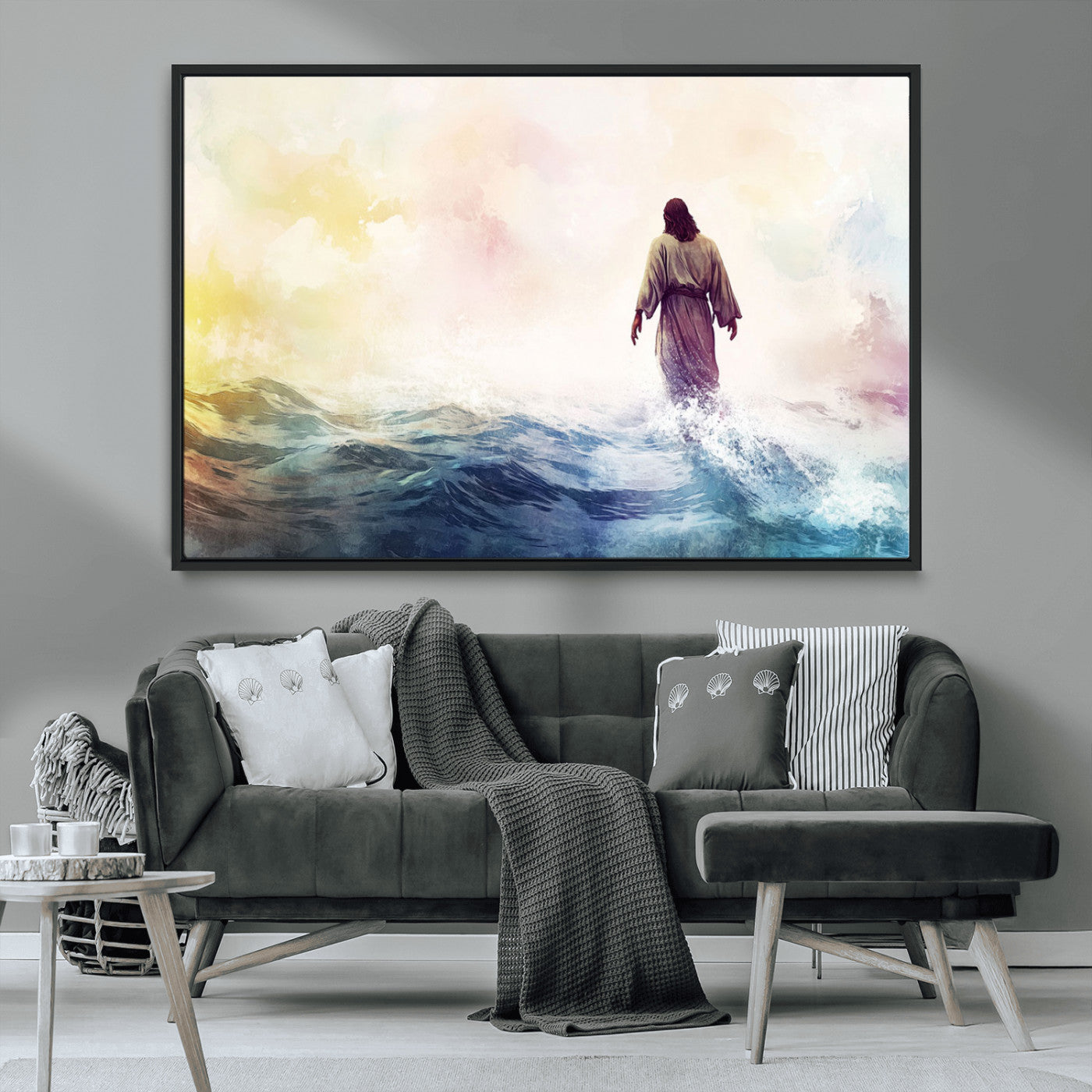 MGV-FC-36X24 - Watercolor Jesus Walking on Water Canvas Print, Christian Wall Art, Jesus Christ Walking