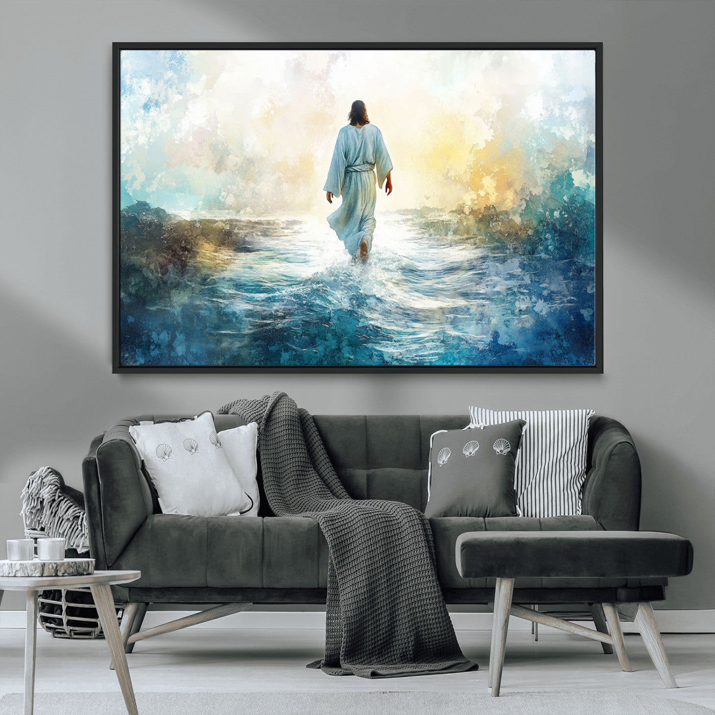 MGV-FC-36X24 - Watercolor Jesus Walking on Water Canvas Print, Christian Wall Art, Jesus Christ Walking