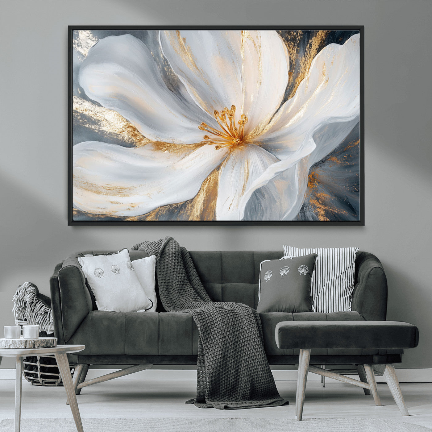 MGV-FC-36X24 - White and Gold Floral Canvas Wall Art - Framed and Ready to Hang - Perfect for Modern Living Rooms