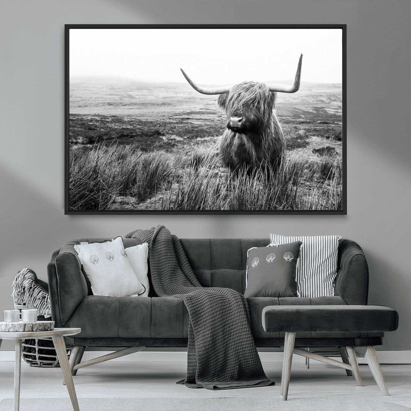 MGV-FC-36X24 - Scottish Highland Cow Wall Art | Black and White Canvas Print | Ready to Hang and Framed | Rustic