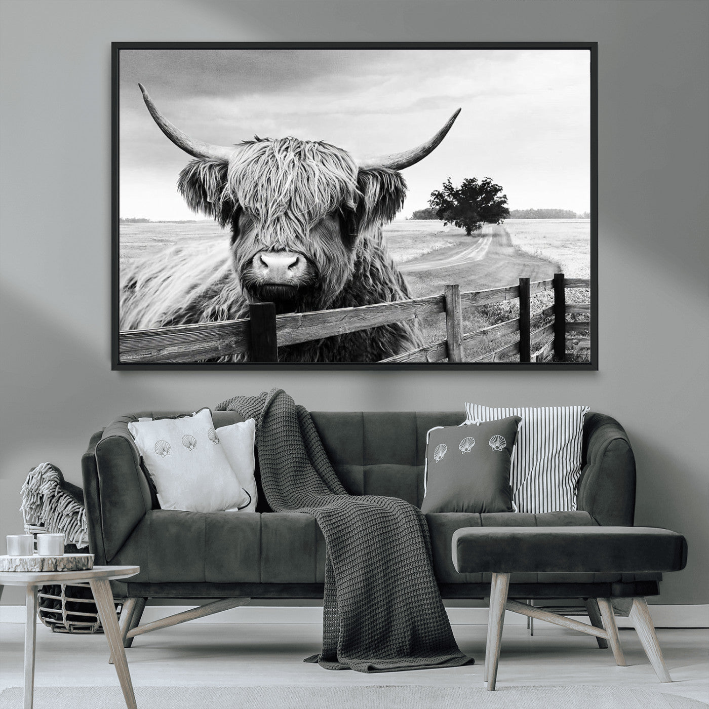 MGV-FC-36X24 - Scottish Highland Cow Wall Art | Rustic Farmhouse Décor | Black and White Ready to Hang Canvas Print