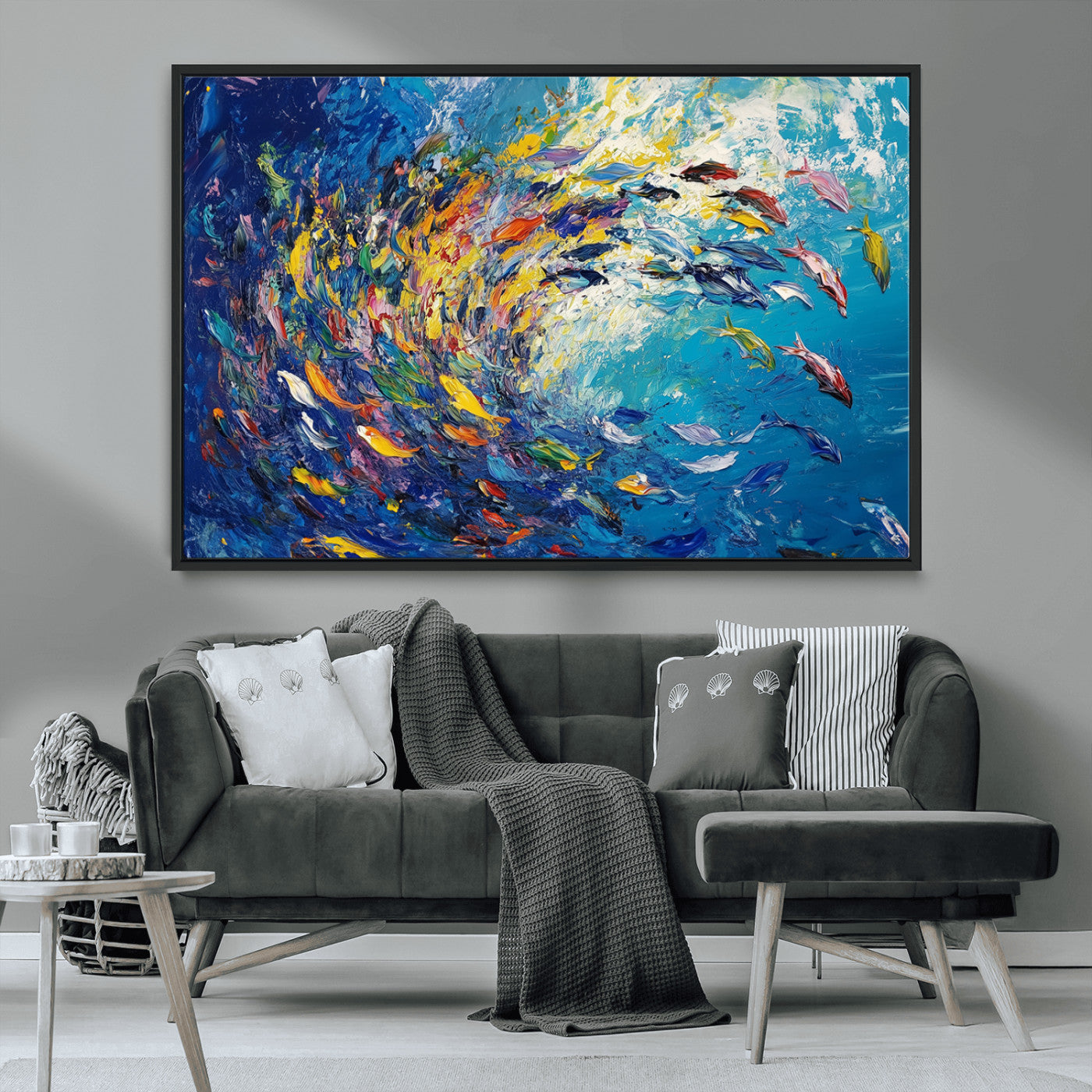 MGV-FC-36X24 - Colorful Swirling Fish School Wall Art Canvas Print | Oceanic Abstract Painting | Ready to Hang |