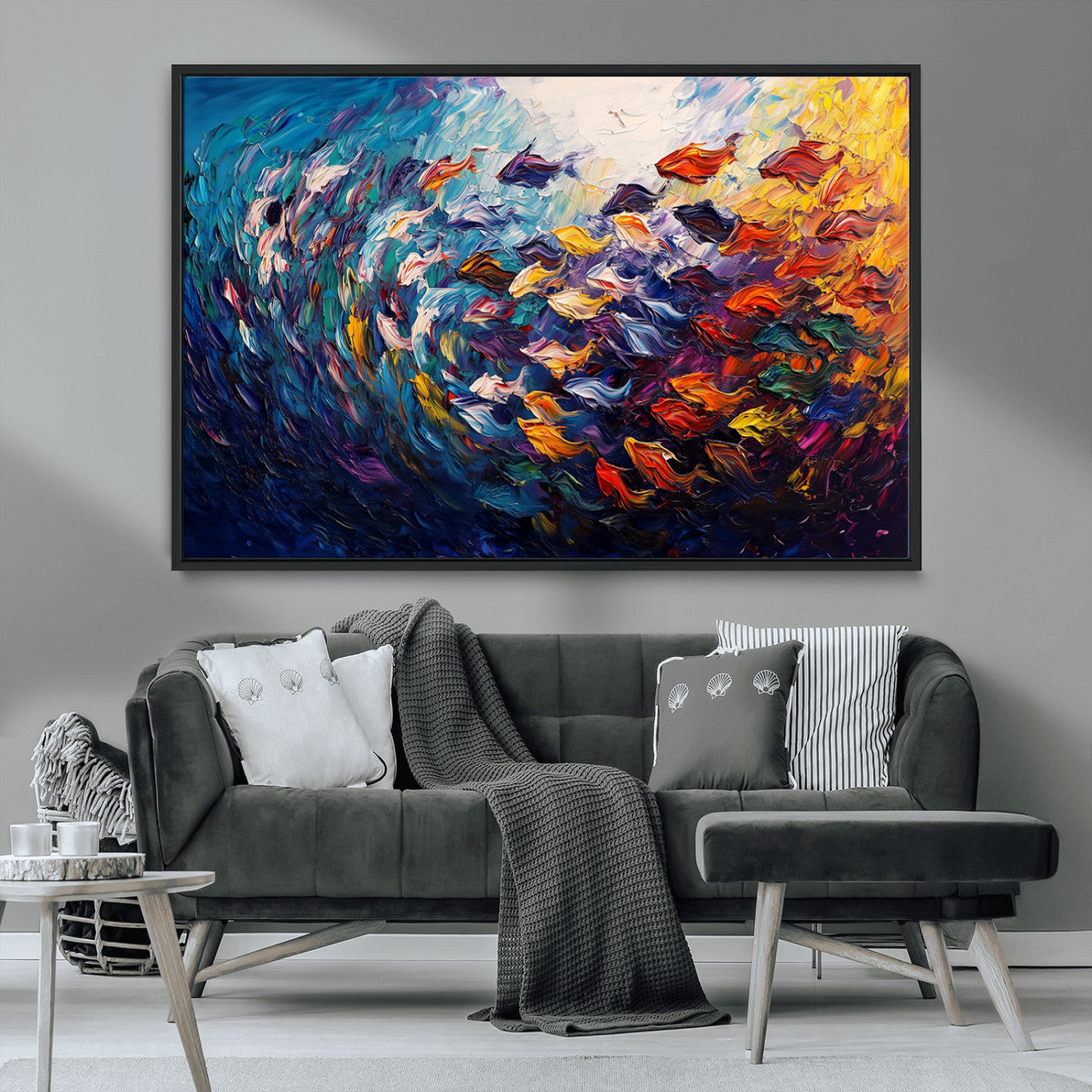 MGV-FC-36X24 - Vibrant Abstract Fish Swarm Art – Colorful Fish Inspired 3-Piece Canvas Wall Art for Living Room or