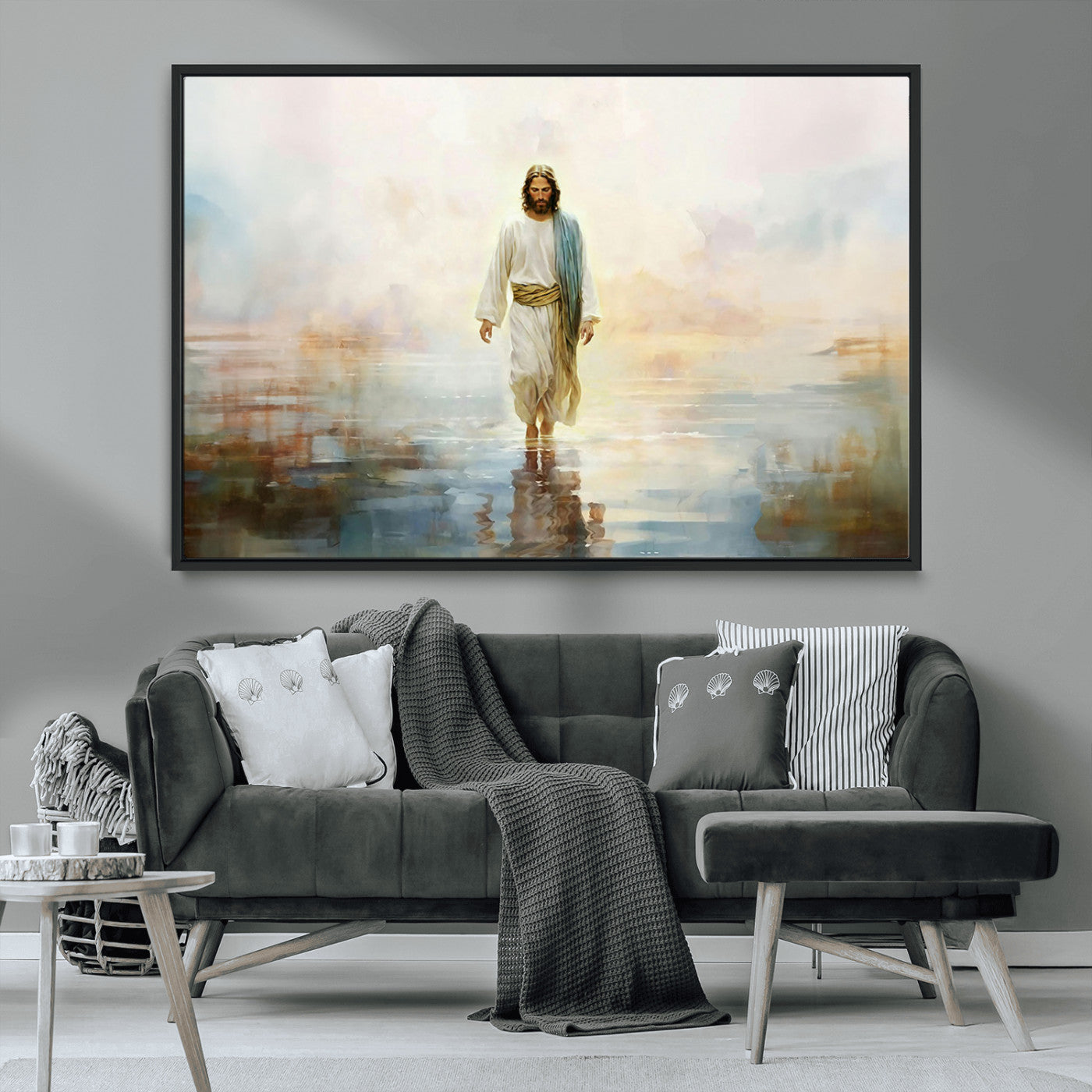 MGV-FC-36X24 - Framed Jesus Walking on Water Wall Art - 3-Panel Christian Canvas Prints, Religious Artwork for