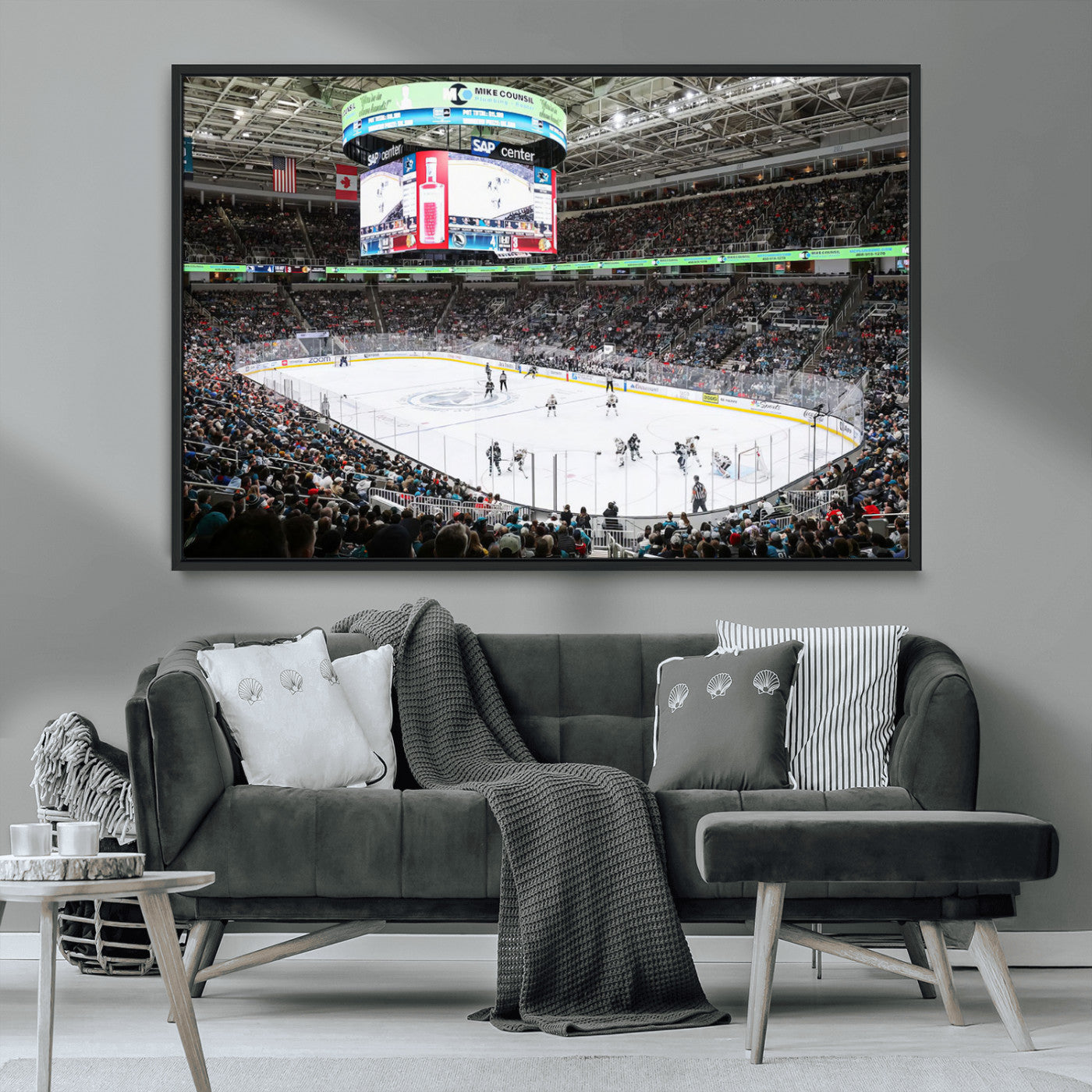 MGV-FC-36X24 - Sharks Arena Blackhawks Sharks Ice Hockey Stadium Wall Art Canvas Print, Framed Blackhawks Sharks