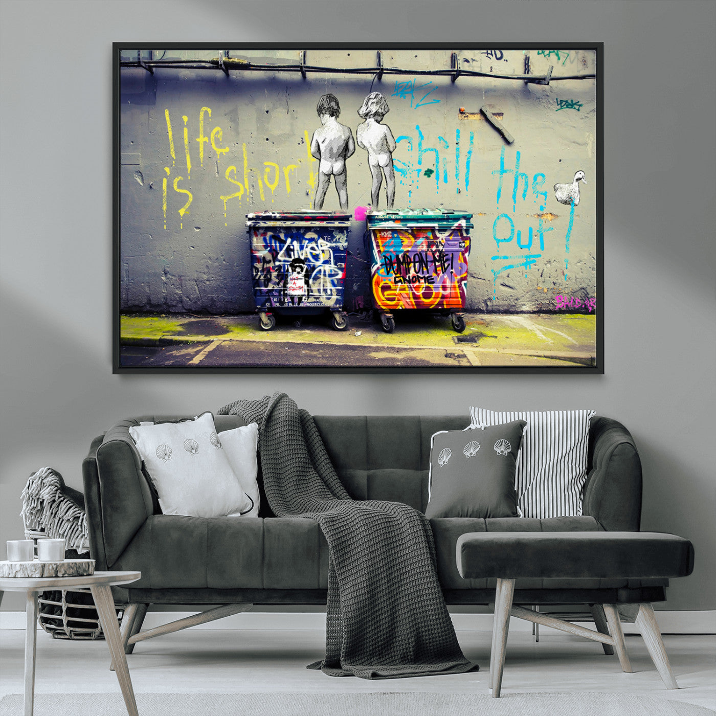 MGV-FC-36X24 - Banksy Life is Short Wall Art - Iconic Graffiti Art on Framed Ready-to-Hang Canvas - Street Art