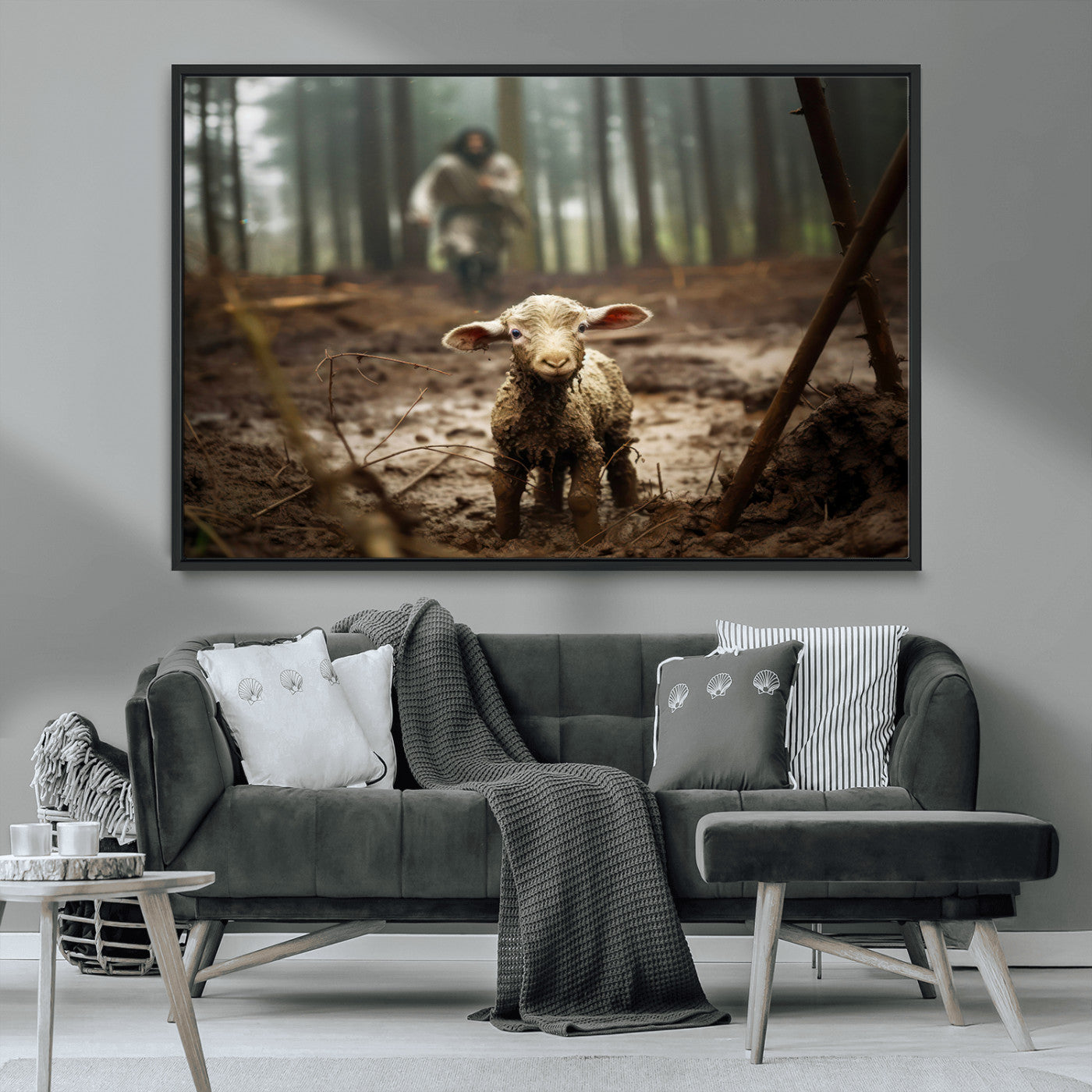 MGV-FC-36X24 - Jesus Running After a Lost Lamb Canvas Wall Art Print