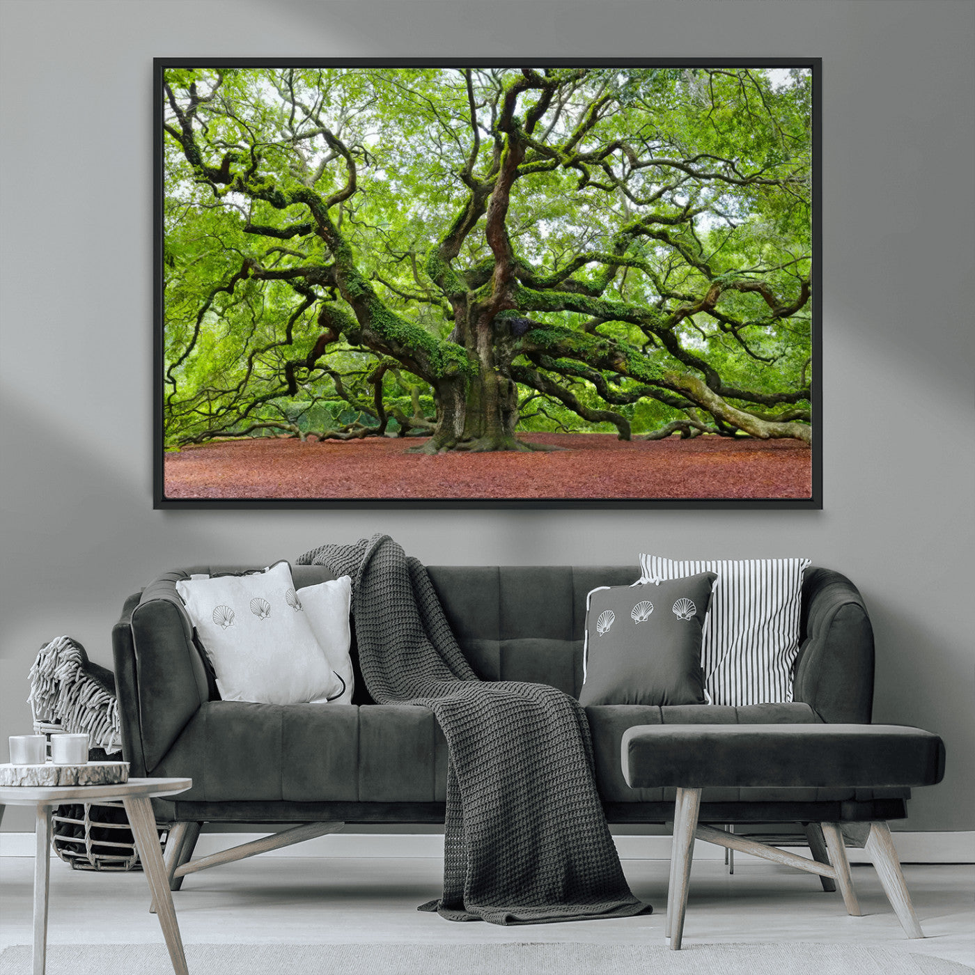 MGV-FC-36X24 - Framed Angel Oak Tree Wall Art - 3-Panel Canvas Prints, Large Green Nature Artwork, Ready to Hang