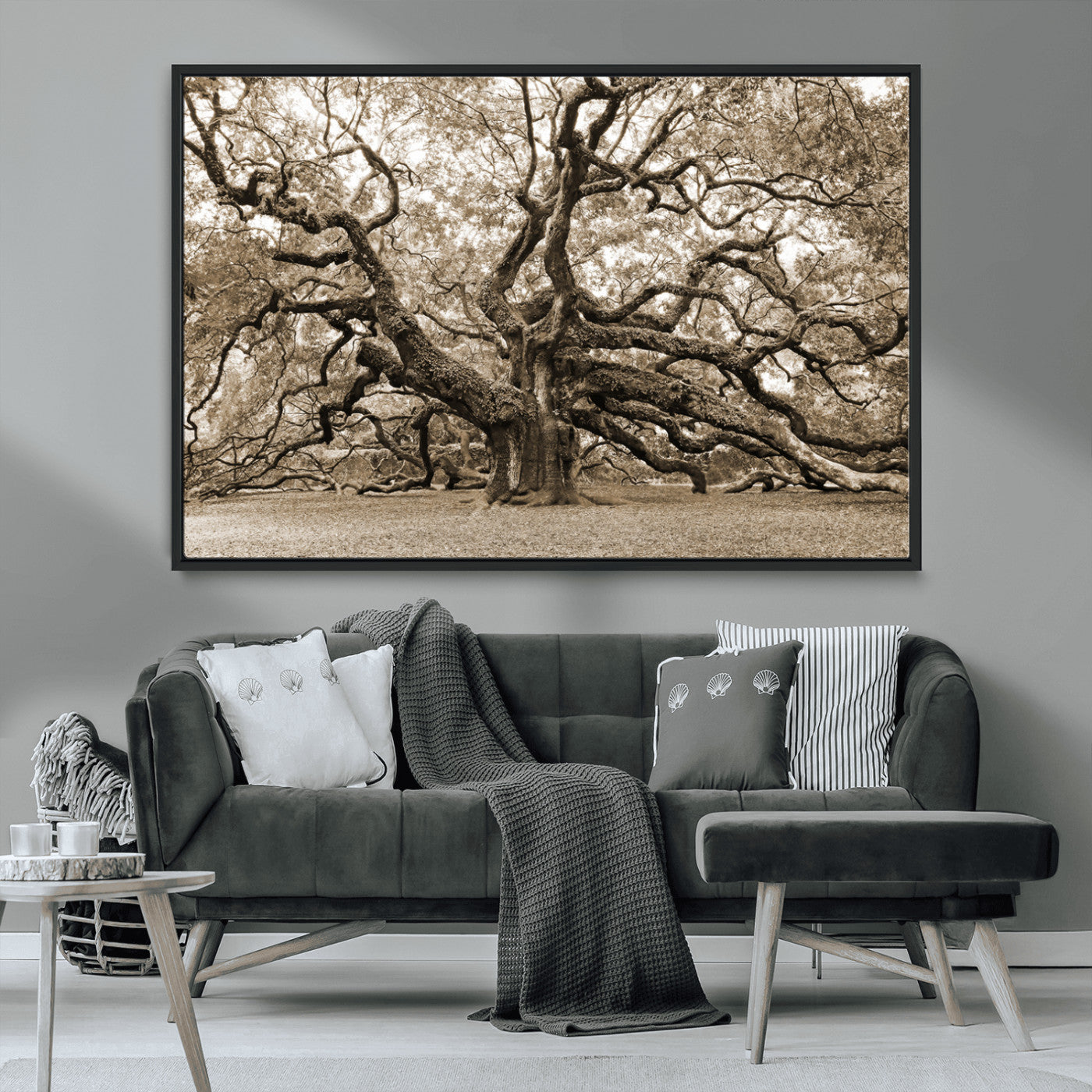 51126-MGV-CV-36X24-Sepia Framed Angel Oak Tree Wall Art - 3-Panel Canvas Prints, Large Green Nature Artwork, Ready to