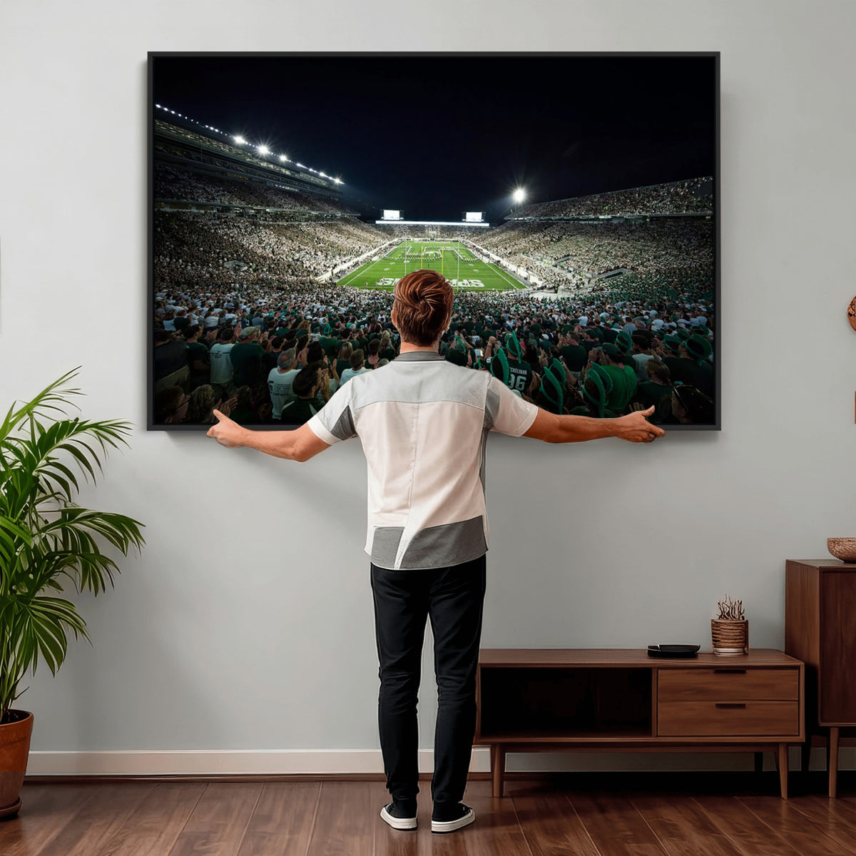 57523-PAN-FL-20X10 - Framed Michigan State Spartans Football Team Print - East Lansing Spartan Stadium Wall Art Canvas