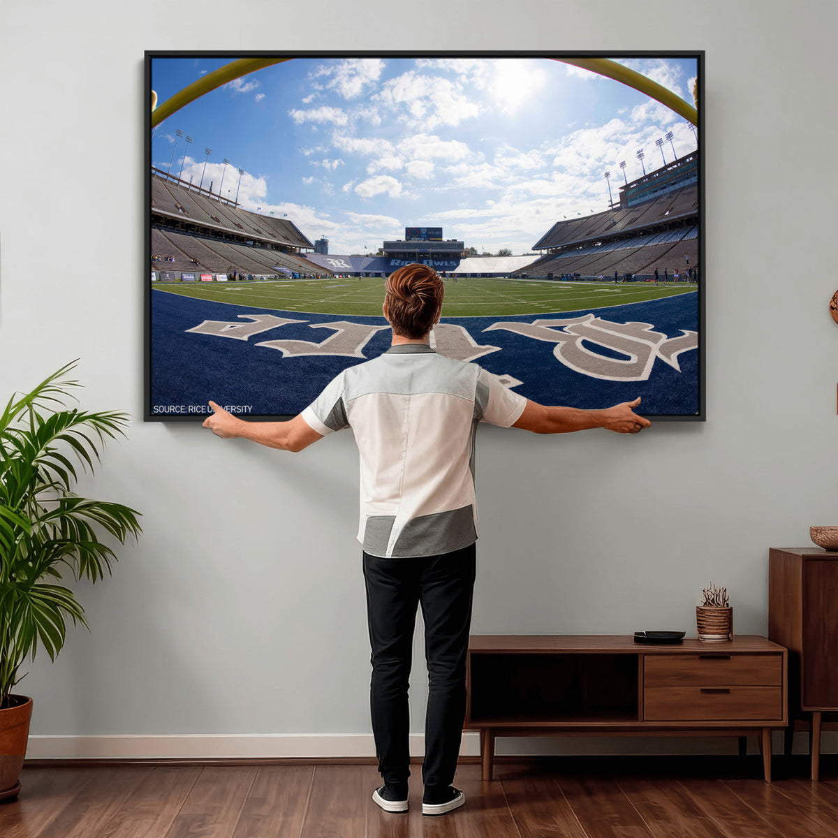 50267-MGV-CV-36X24 - Rice University Owls Football Team Print, Houston Rice Stadium, Framed and Ready to Hang