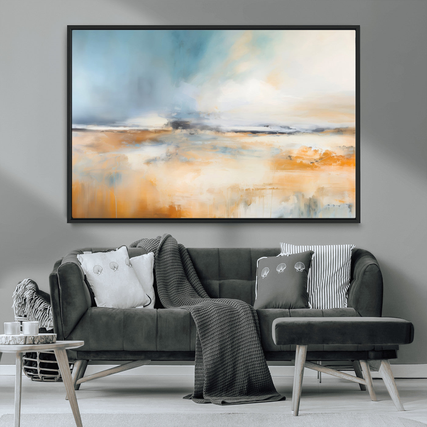 -Abstract Landscape Wall Art Canvas Print - Warm Tones of Orange and Blue, Modern Framed Art for Home