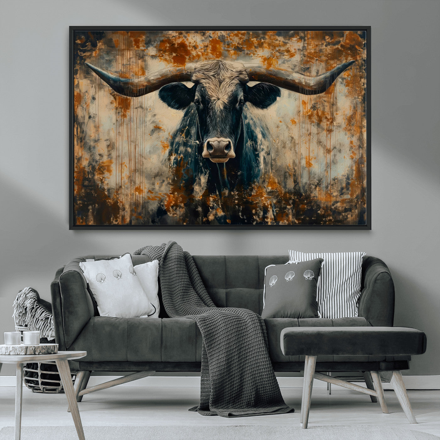 MGV-FC-36X24 - Abstract Longhorn Bull Wall Art | Rustic Western Wall Decor | Framed and Ready to Hang | Ideal for