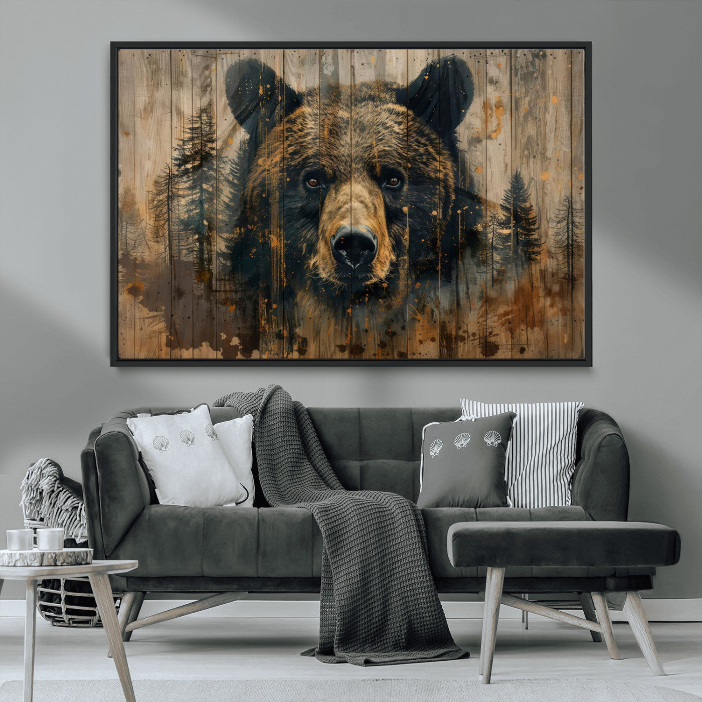 MGV-FC-36X24 - Abstract 399 Bear Wall Art | Rustic Cabin Wall Decor with Forest Design | Framed and Ready to Hang |