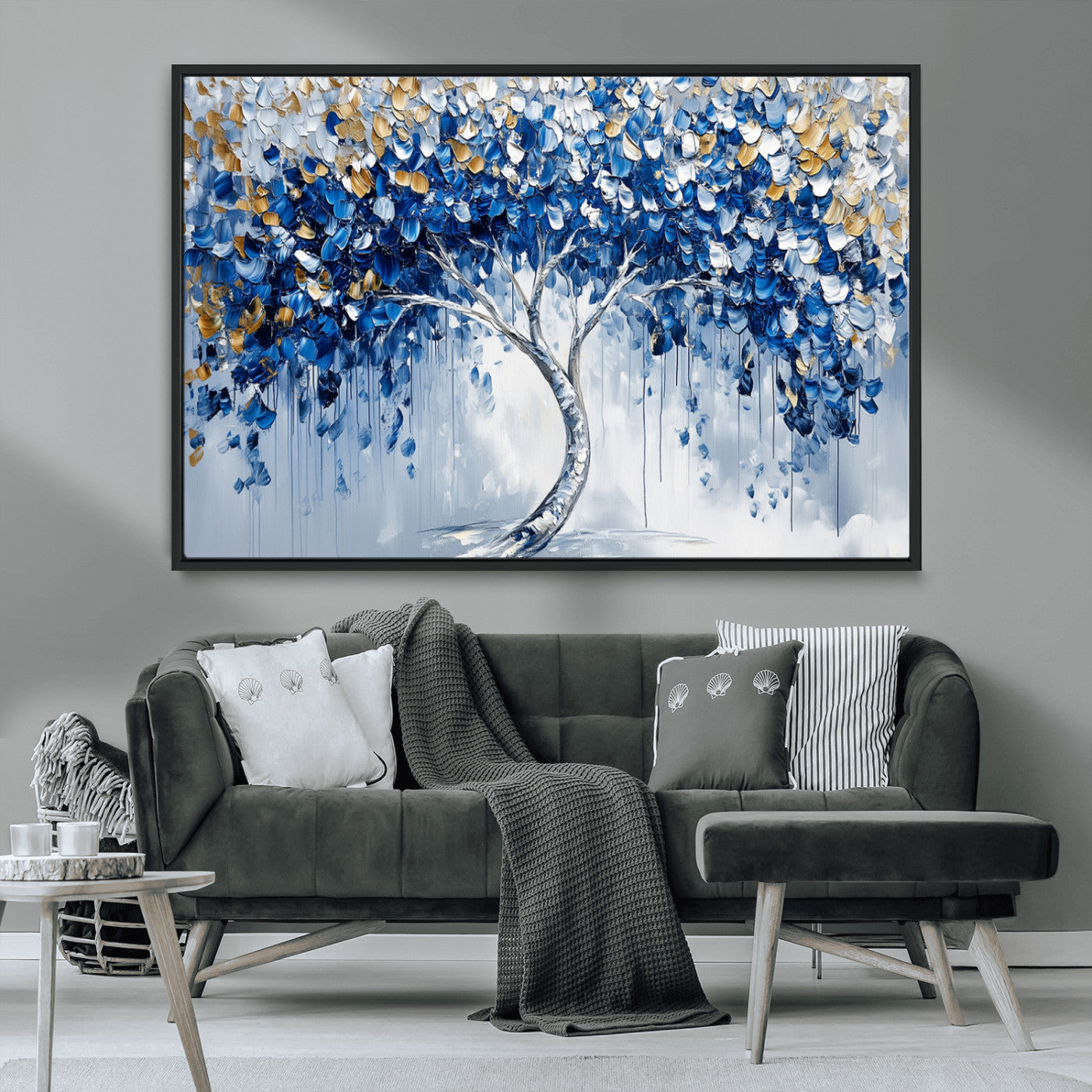 MGV-FC-36X24 - Blue and Gold Abstract Tree Wall Art Canvas Print | Modern Tree of Life Painting | Framed Canvas