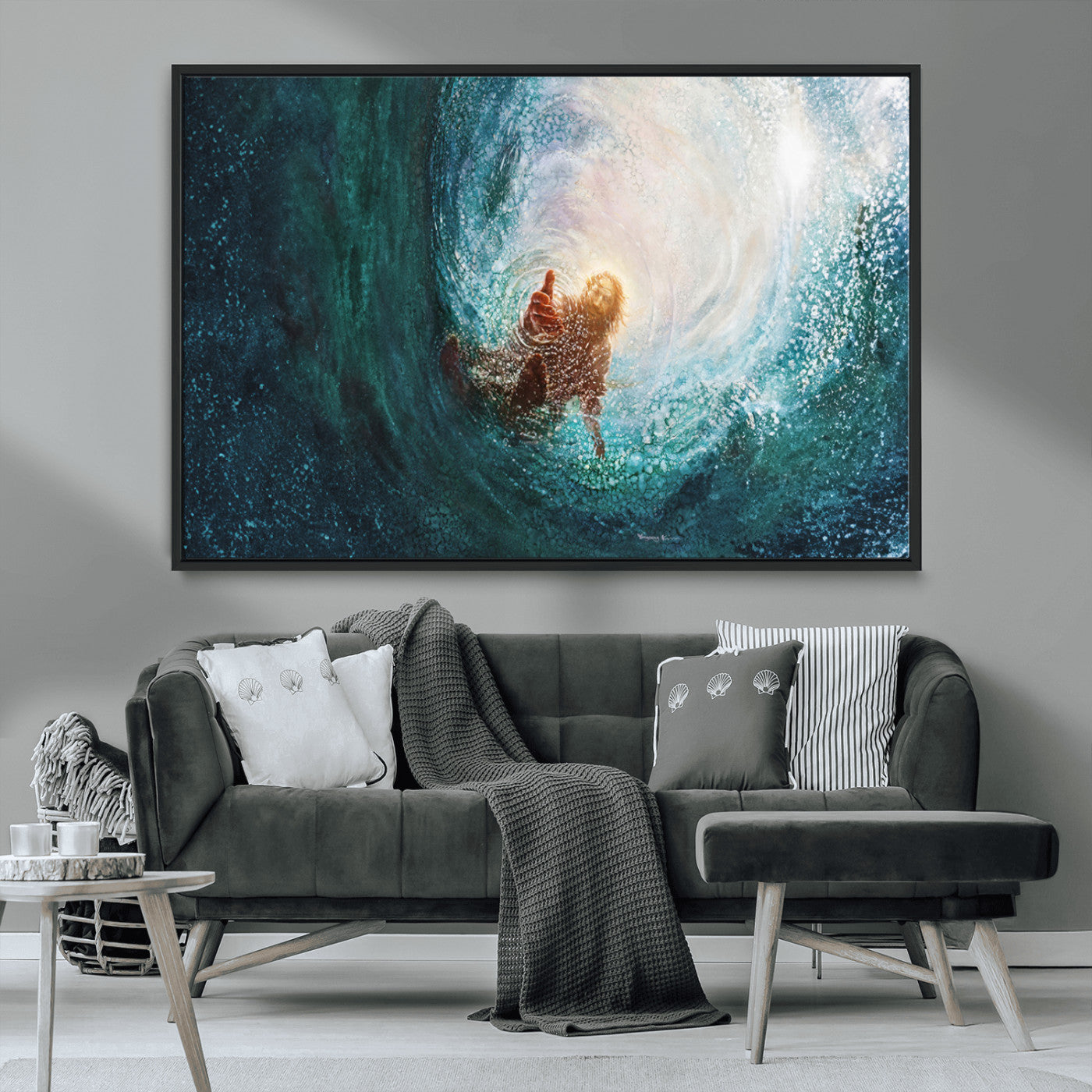 MGV-FC-36X24 - Powerful Jesus Canvas Print - Hand of Salvation, Inspirational Wall Art - Framed, Ready to Hang for
