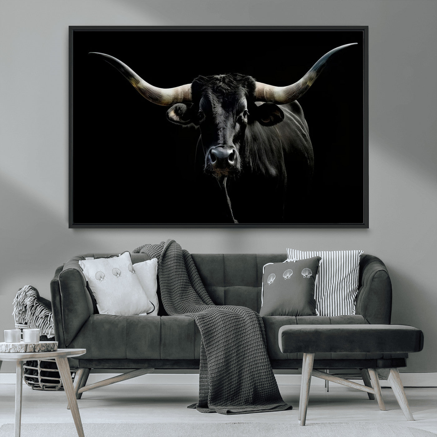 MGV-FC-36X24 - Texas Black Longhorn Bull Wall Art Canvas Print - Western Texas Cattle Rustic Decor Print - Longhorn