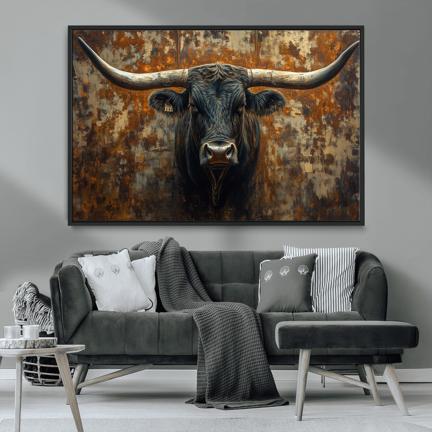 MGV-FC-36X24 - Longhorn Texas Cow Bull Wall Art | Rustic Farmhouse Canvas Print | Ready to Hang Barn Decor for