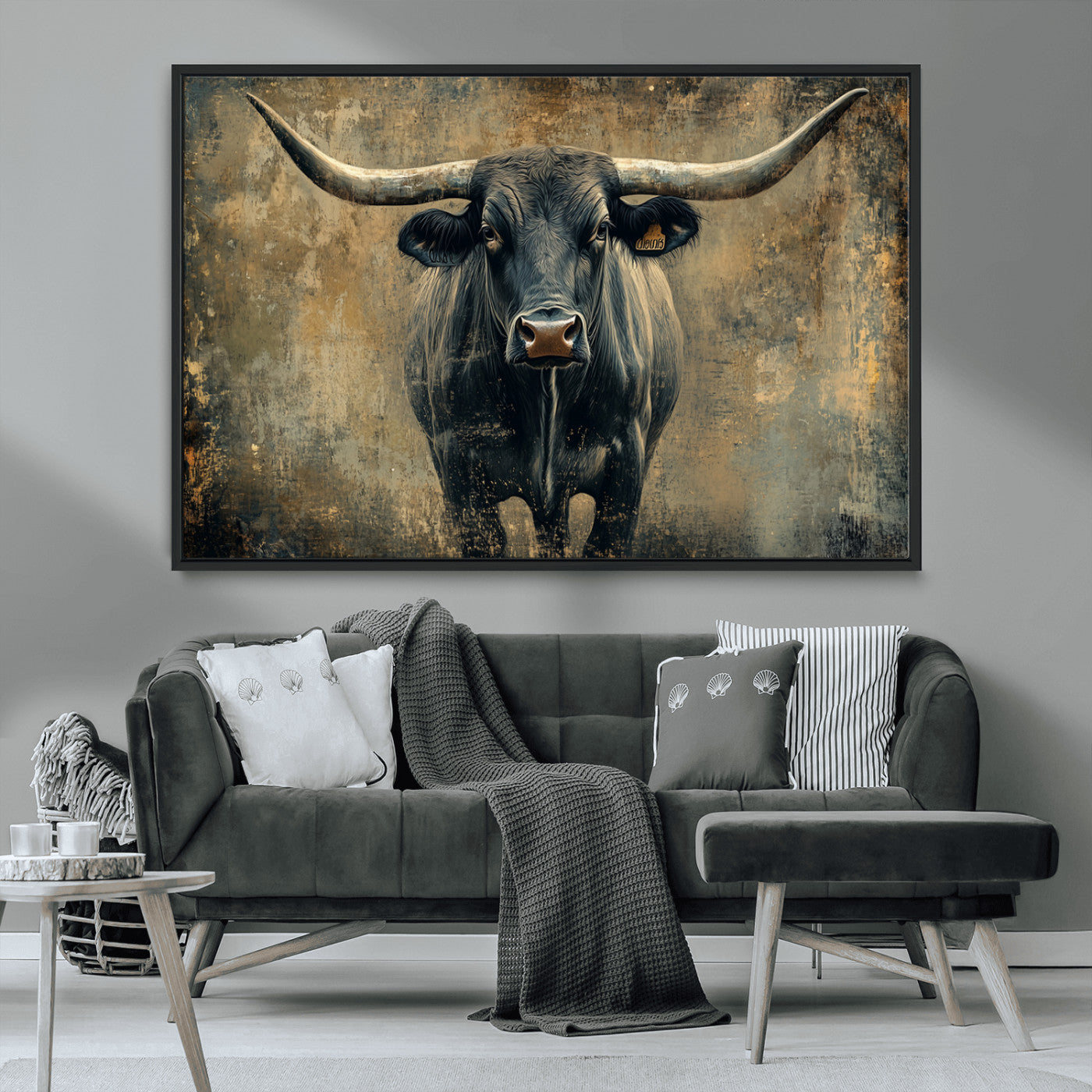 MGV-FC-36X24 - Longhorn Bull Wall Art Canvas Print, Framed Rustic Cow Art Picture Print, Texas Longhorn Perfect Western Decor Artwork