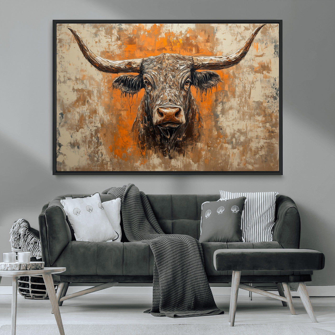 MGV-FC-36X24 - Abstract Cow Longhorn Bull Wall Art Canvas Print - Rustic Texas Western Cattle Artwork