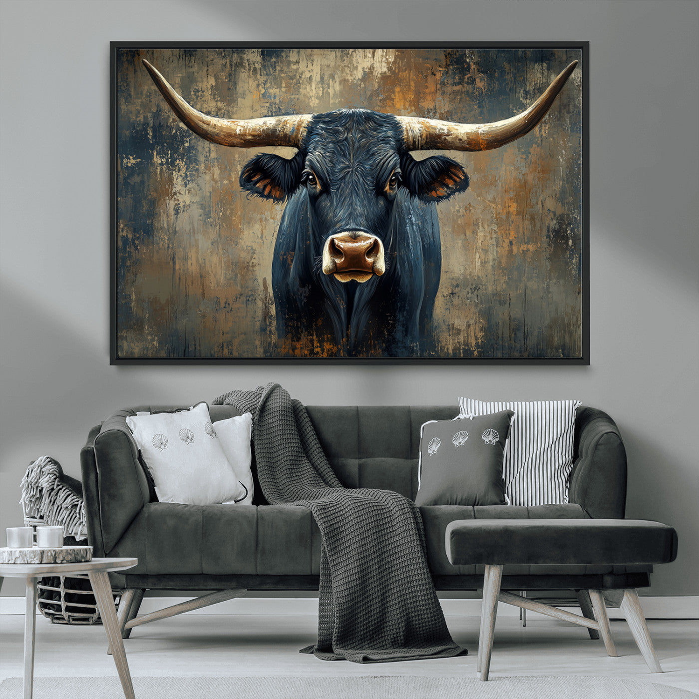MGV-FC-36X24 - Texas Western Wall Art Canvas Print - Abstract Cow Longhorn Bull Wall Art Canvas Print - Rustic Cow