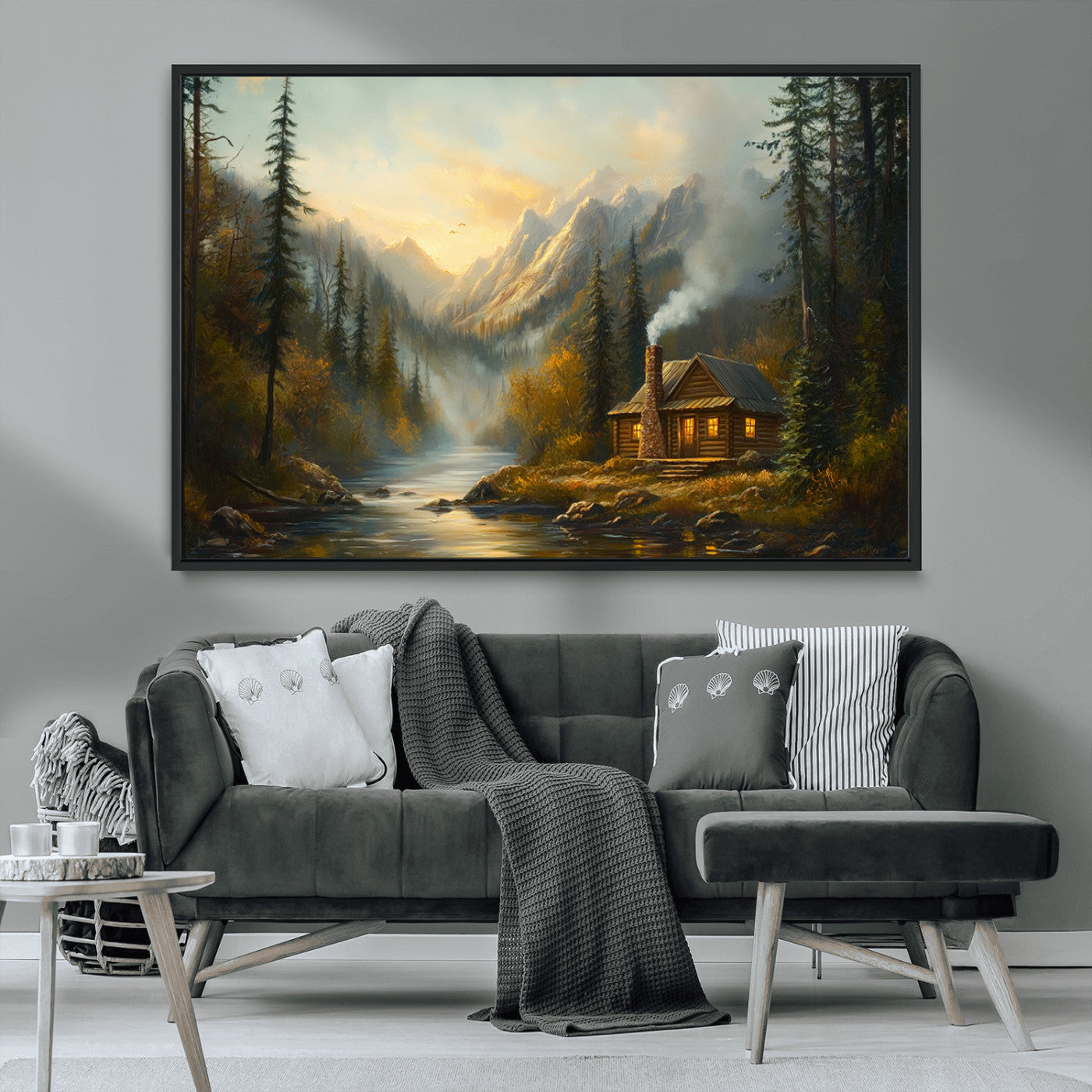 MGV-FC-36X24 - Wood Cabin Retreat Mountain at Sunset Wall Art Print - Serene Forest and River Landscape Wall Art