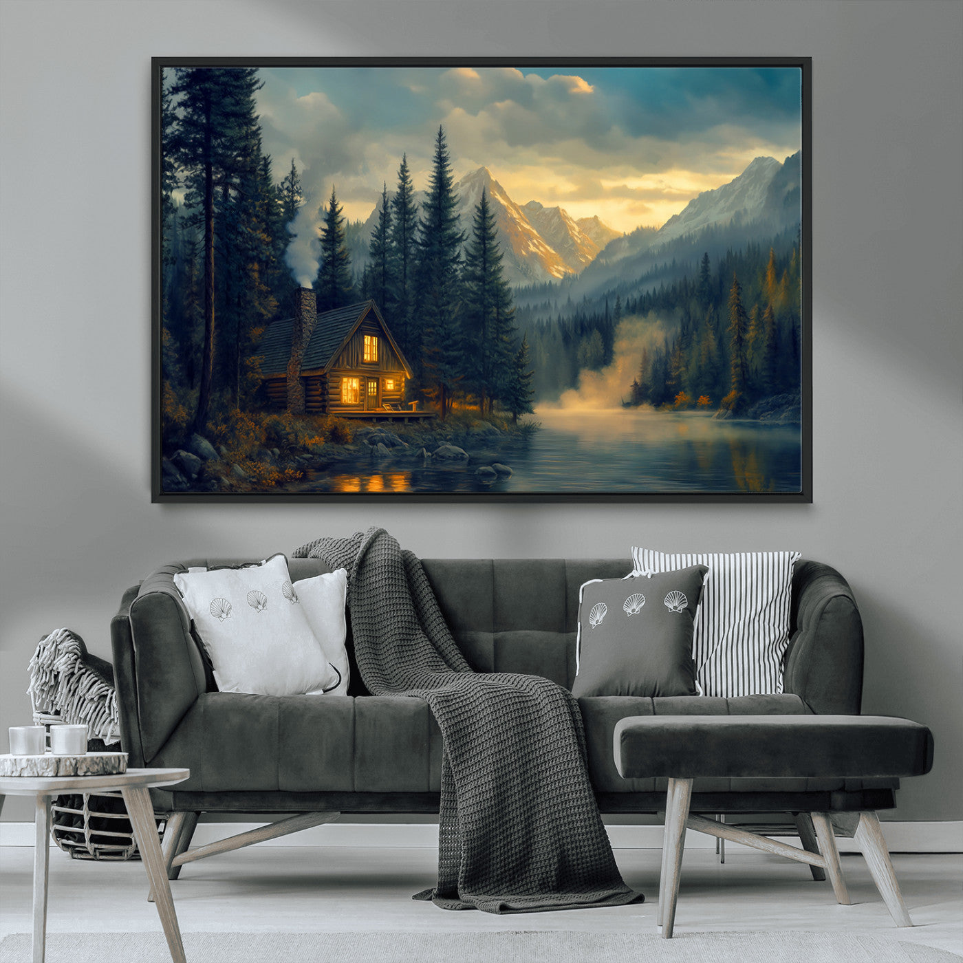 MGV-FC-36X24 - Mountain Cabin by the Lake at Sunset Wall Art - Serene Nature Canvas Print for Living Room Decor,