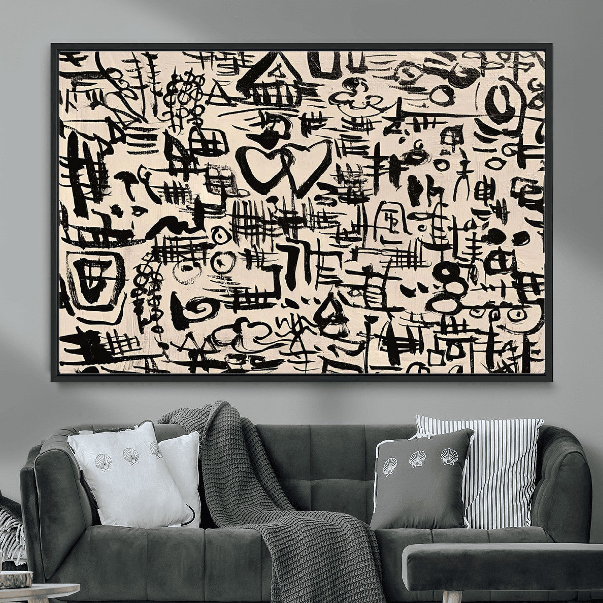 68273-MGV-FC-36X24 - Abstract Love and Chaos Canvas Print, Black Symbols on Beige