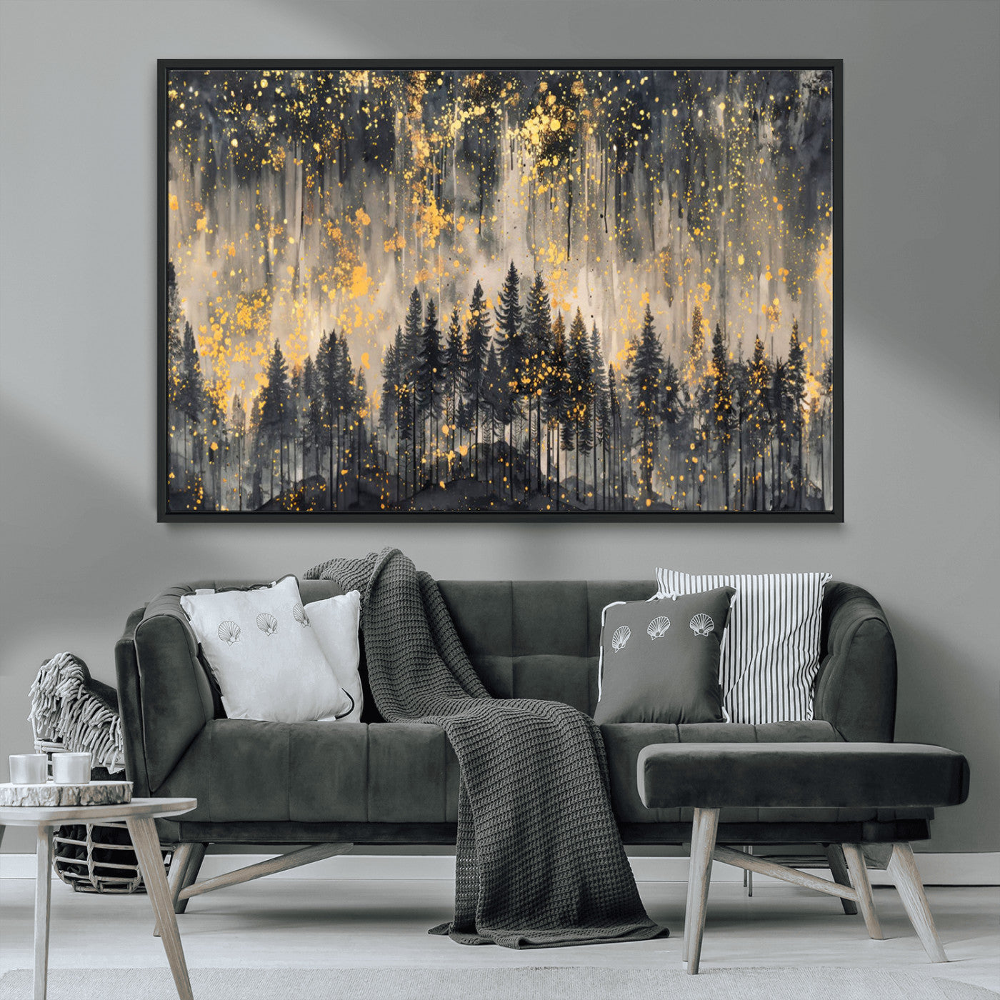MGV-FC-36X24 - Golden Forest Abstract Wall Art | Dark Forest with Gold Splatter Accents | Triptych Ready to Hang