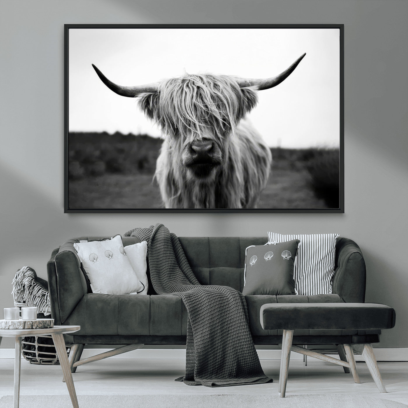 MGV-FC-36X24 - Highland Cow Wall Art | Black and White Farmhouse Decor | Triptych Canvas Print | Rustic Barn Decor