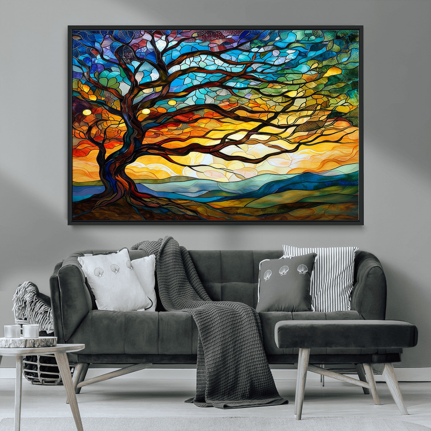 MGV-FC-36X24 - Mosaic Tree Wall Art | Ready to Hang Stained Glass Style Canvas Print | Farmhouse Wall Decor, Cabin
