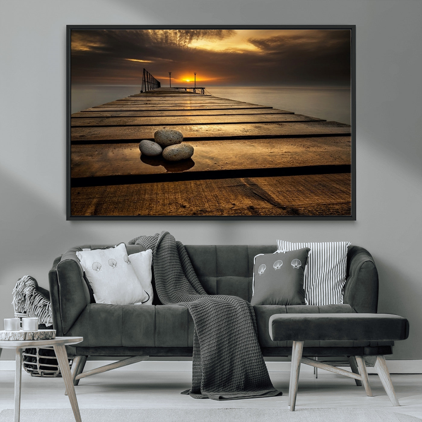 MGV-FC-36X24 - Stones on Wooden Pier at Sunset Canvas Print, Serene Coastal Wall Art, Beach Sunset Photography,