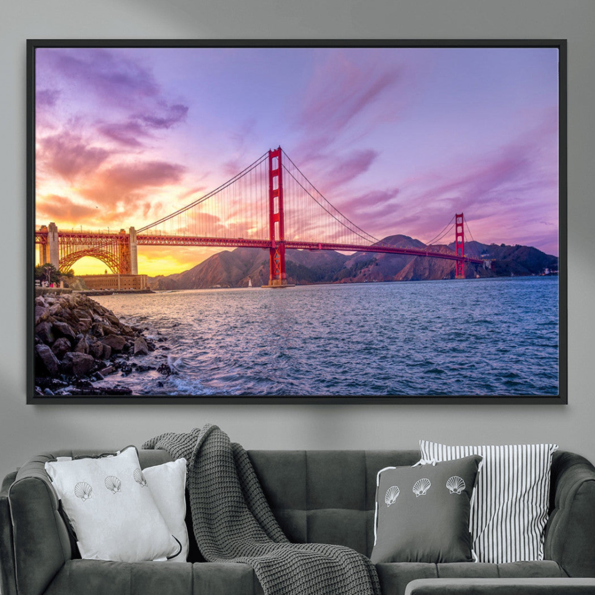 -Golden Gate Bridge Wall Art Canvas Print – Framed San Francisco Sunset Scene with Cityscape Artwork for Home, Office