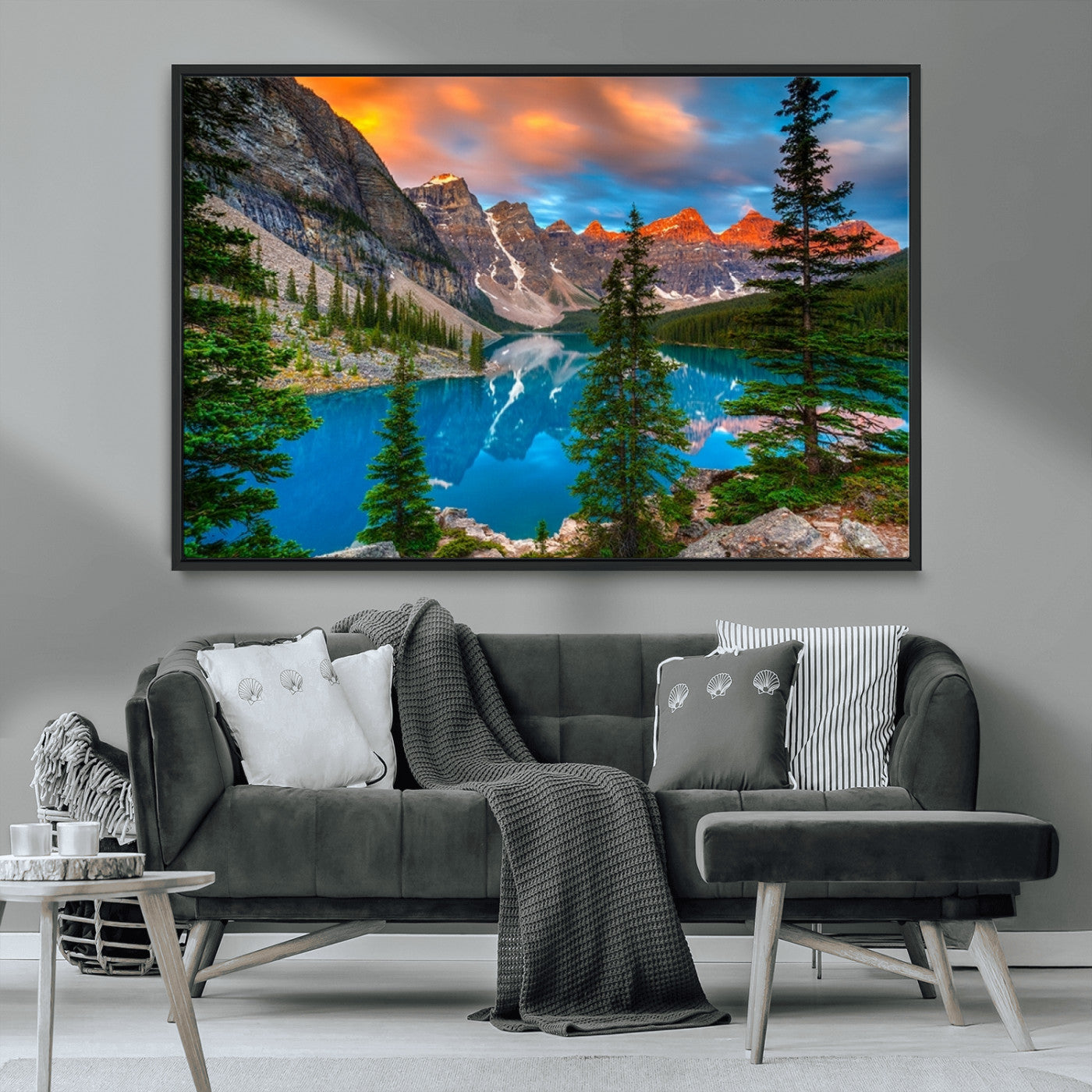 MGV-FC-36X24 - Canadian Rockies Moraine Lake Wall Art Canvas Print, Pine Trees Mountain Spring Canvas Print