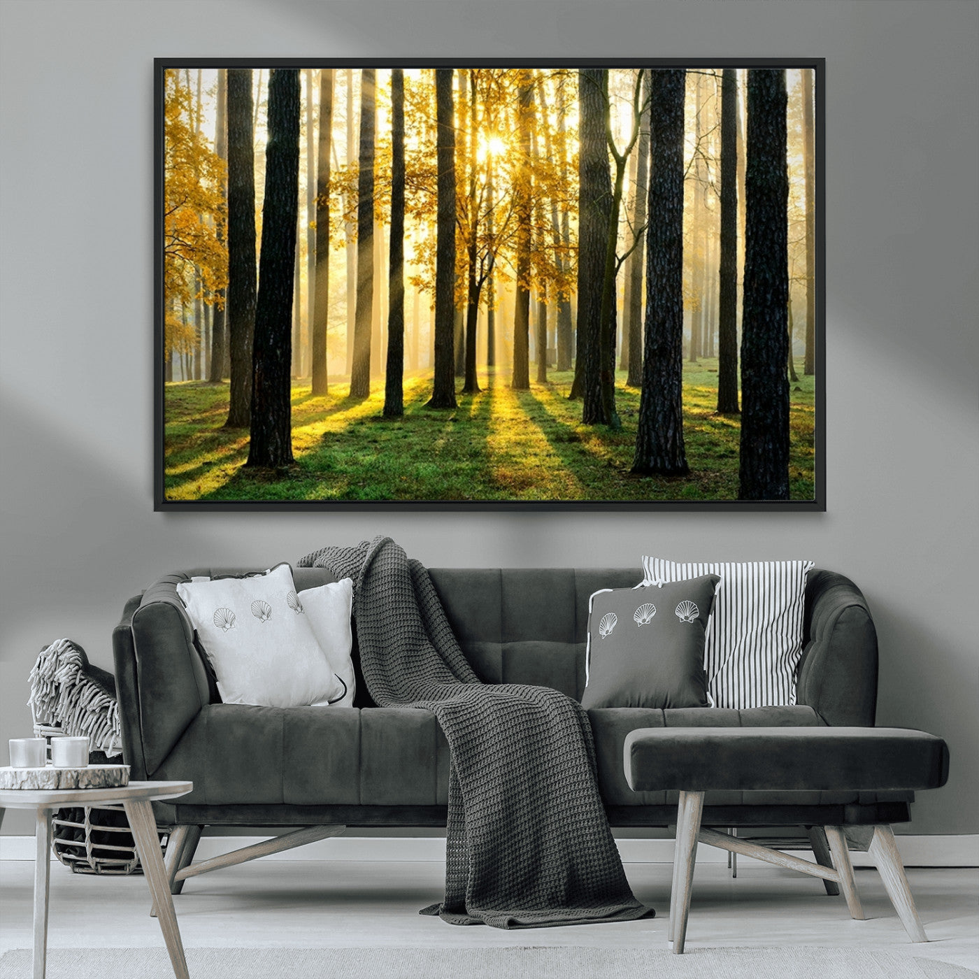 MGV-FC-36X24 - Sunlit Forest Canvas Wall Art – Serene Woodland Triptych Landscape Print – Nature-Inspired Decor for