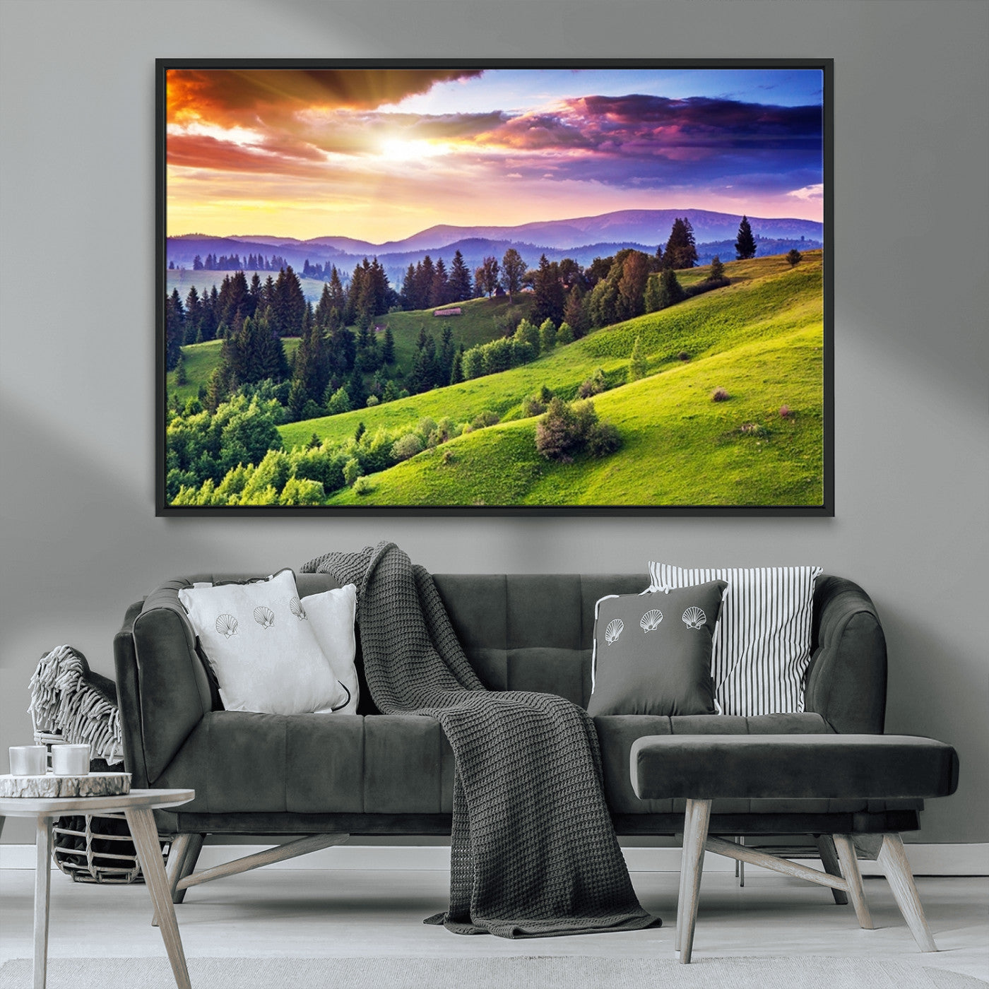 MGV-FC-36X24 - Green Hills and Sunset Wall Art Print - Scenic Landscape with Lush Greenery and Vibrant Sky, Ready