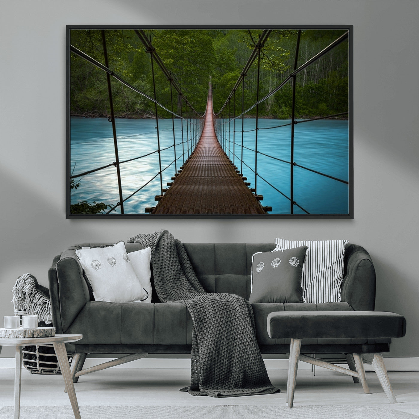 MGV-FC-36X24 - Suspension Bridge Over River Canvas Art | 3-Panel Nature Photography | Scenic Wall Art for Living
