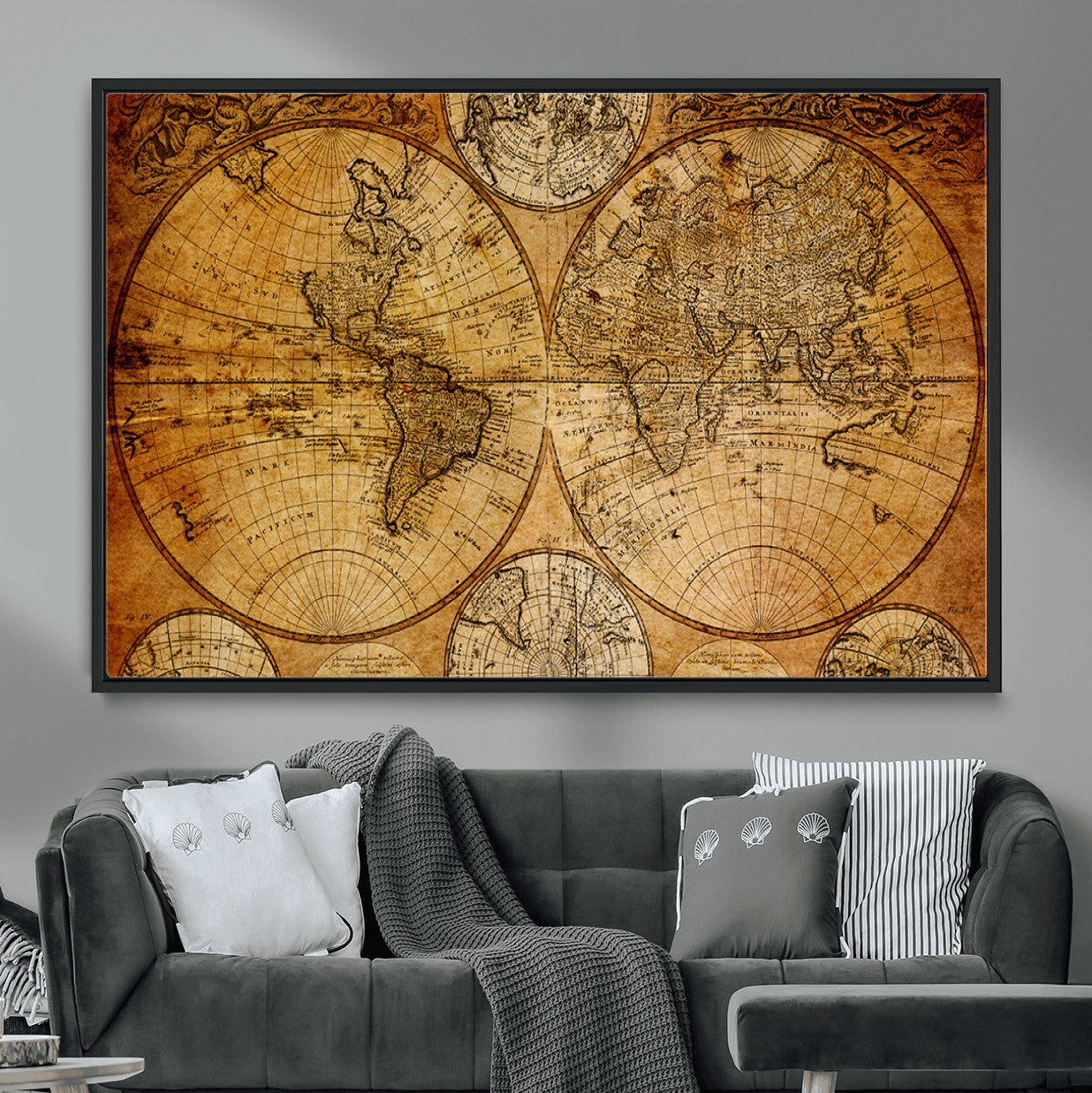 25517-MGV-FC-36X24 - Vintage World Map Canvas Print – Antique Push Pin Travel Map, Framed Wall Art for Home or Office Decor