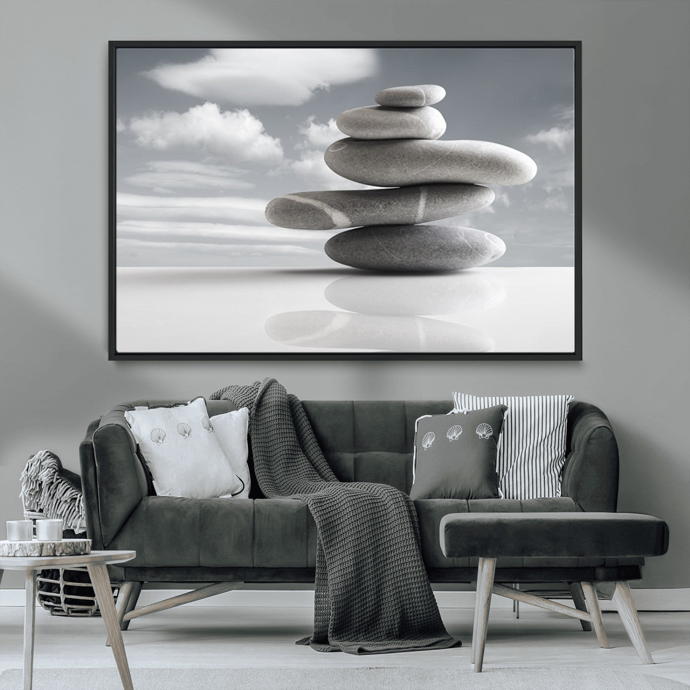 MGV-FC-36X24 - Still Life Black and White Zen Stones Wall Art Canvas, Framed Black and White Zen Stones Canvas