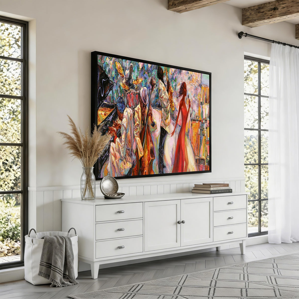 40574-_Poster-30x20 - Afro American Jazz Band Canvas Wall Art | 3 Panel Music Studio Decor