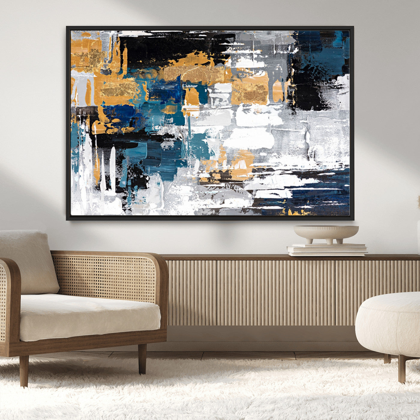 57708-MGV-CV-36X24-Blue and Gold Abstract Canvas Wall Art – Triptych Modern Painting for Living Room – Framed and Ready to Hang