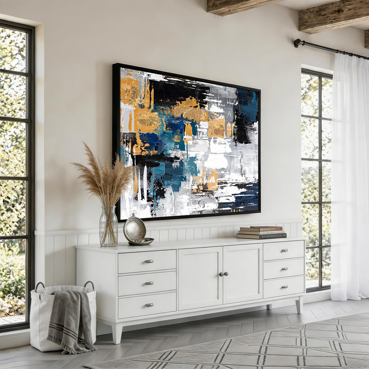57708-_Poster-30x20 - Blue and Gold Abstract Canvas Wall Art | Triptych Modern Art Print
