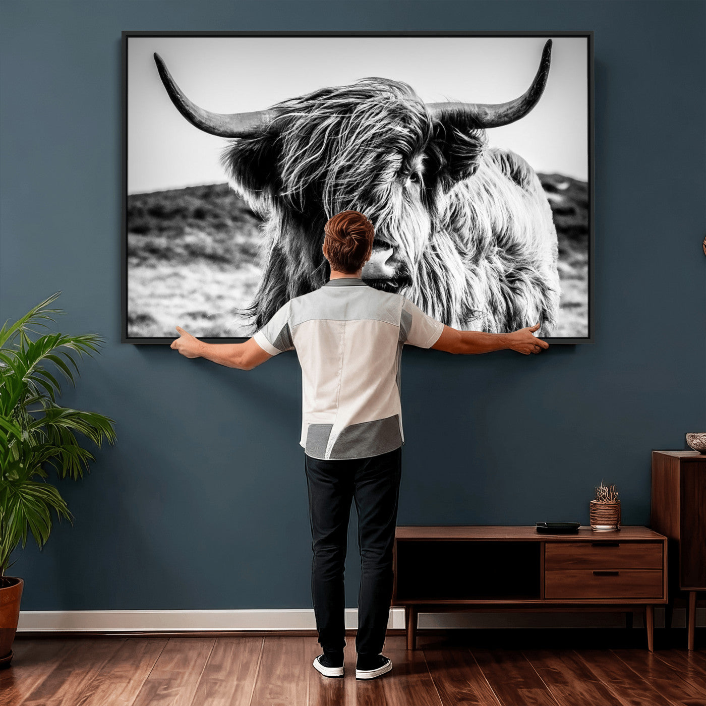 36979-MGV-CV-36X24 - Handsome Scottish Cow Black and White Wall Decor Canvas Art Print Extra Large Wall Art Highland Cattle Canvas Picture Animal Art Nature Photography High Quality Original Canvas Framed Ready to Hang