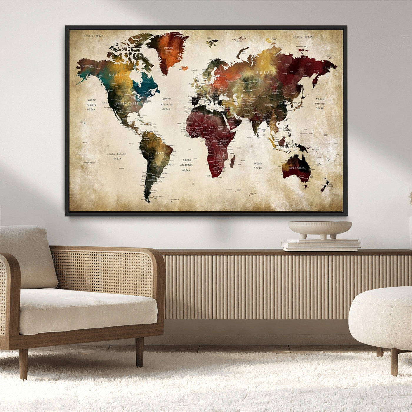 MGV-FC-36X24 - Large World Map Wall Art Canvas Print, Framed Push Pin Map Art Picture Print, Abstract Traveller Map Perfect Modern Decor Artwork