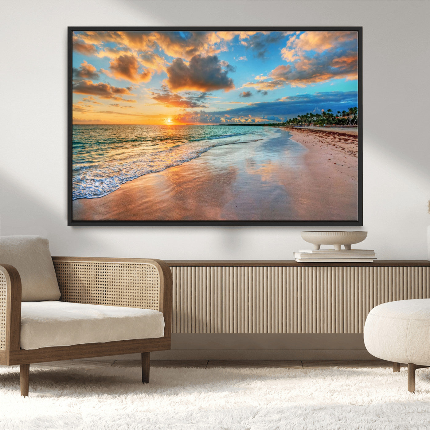 MGV-FC-36X24 - Sunset Ocean Waves on Tropical Beach, 3-Panel Giclee Canvas Art for Coastal Home Decor, Vibrant Palm-Lined Shore