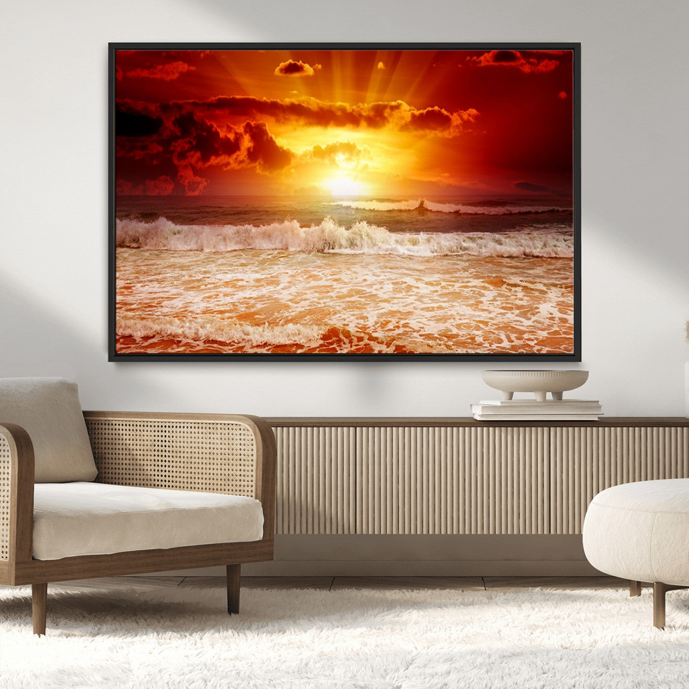 MGV-FC-36X24 - Red Sunset Ocean Beach Canvas Wall Art Beach Canvas, Coastal Sunset Print