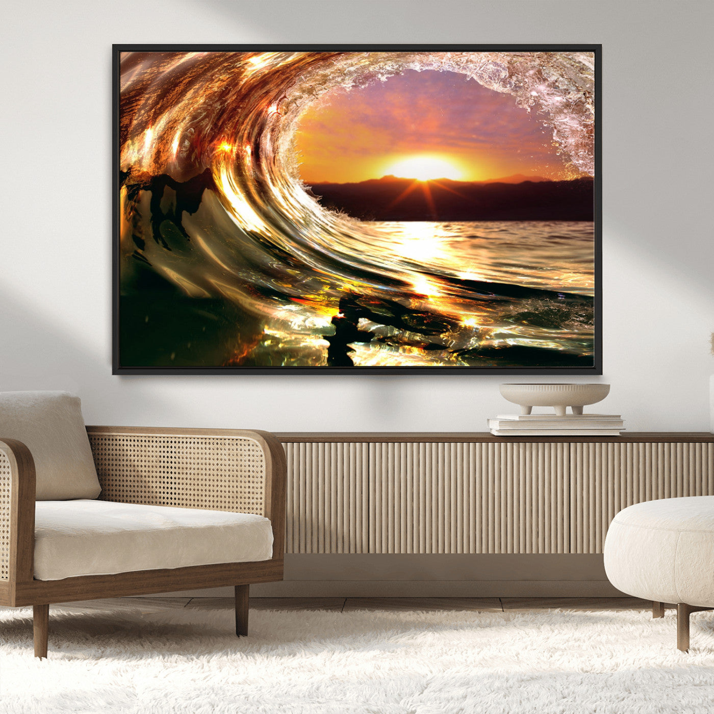 MGV-FC-36X24 - Golden Wave Sunset Triptych Canvas Art, Giclee Canvas Print of Ocean Wave and Sunset, Framed Ocean