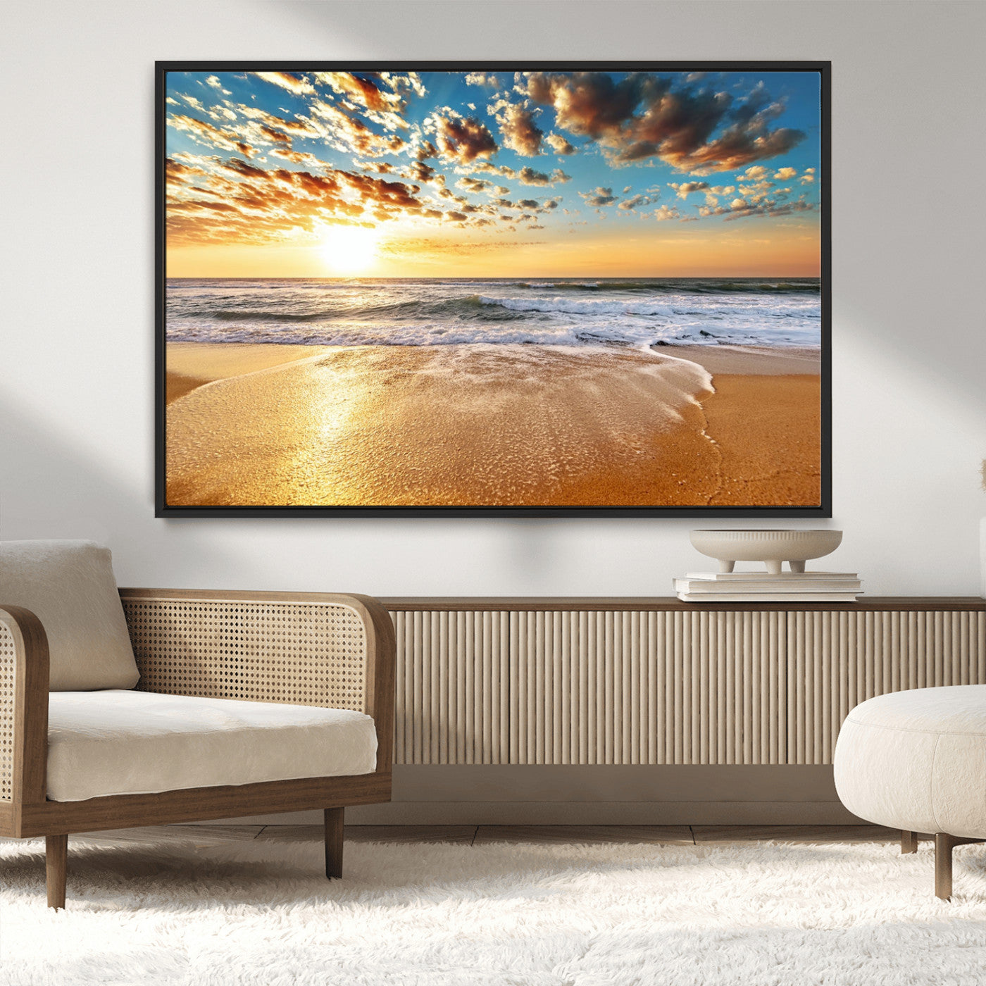 MGV-FC-36X24 - Golden Sunset Beach Print Canvas Wall Art, Giclee Canvas Print with Canon Print Quality, Triptych