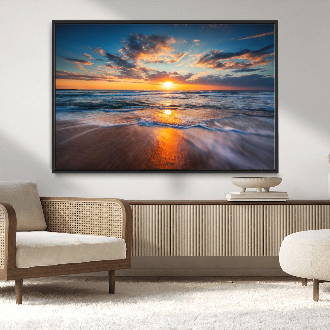 MGV-FC-36X24 - Sunset on the Ocean Beach with Waves, Reflections on Sand, Coastal Wall Art Print, Beach Wall Art,