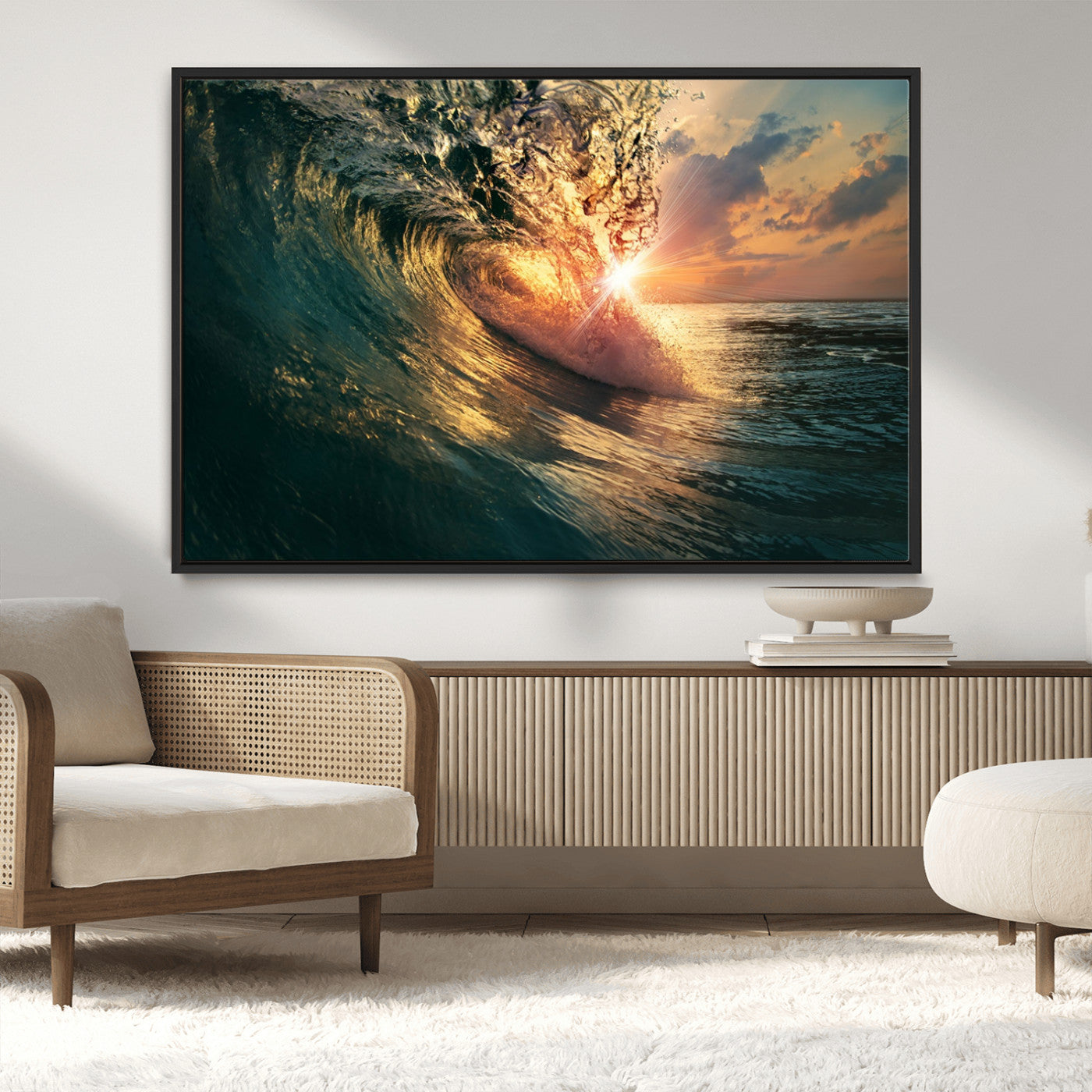 MGV-FC-36X24 - Ocean Wave Sunset Canvas Wall Art – Triptych Seascape Print – Framed and Ready to Hang for Living Room or Office